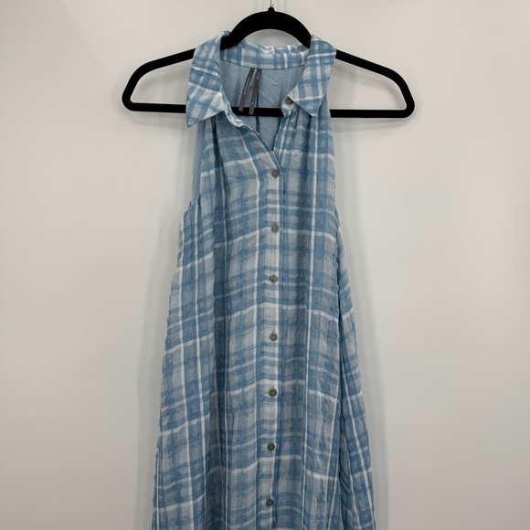 By Anthropologie Sleeveless Button Down Shirt Dress Blue Plaid Maxi Tiered XS - Picture 6 of 14